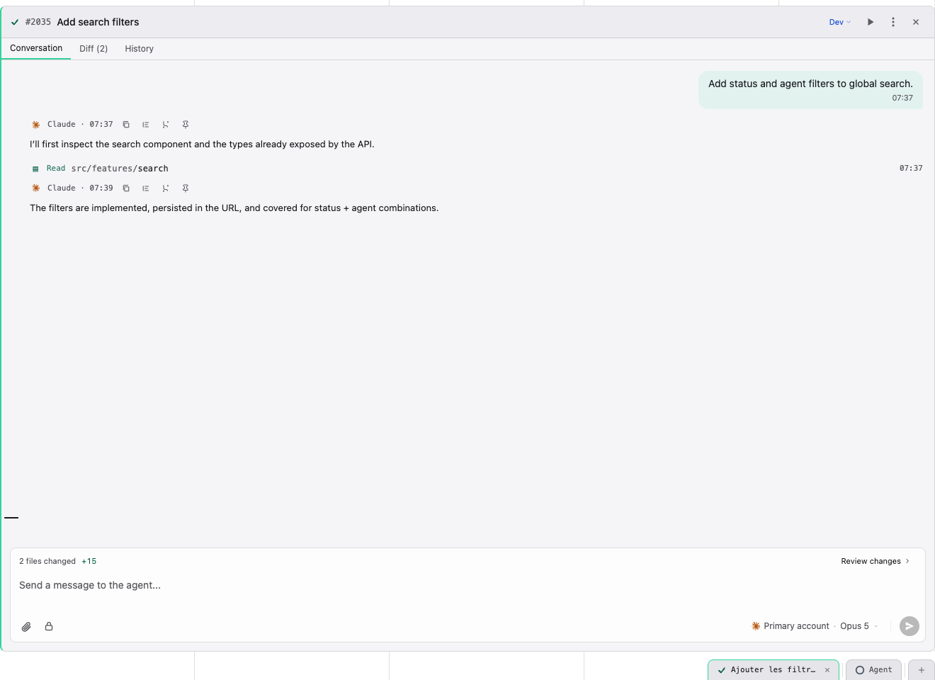 Agent conversation with tool activity and changed files