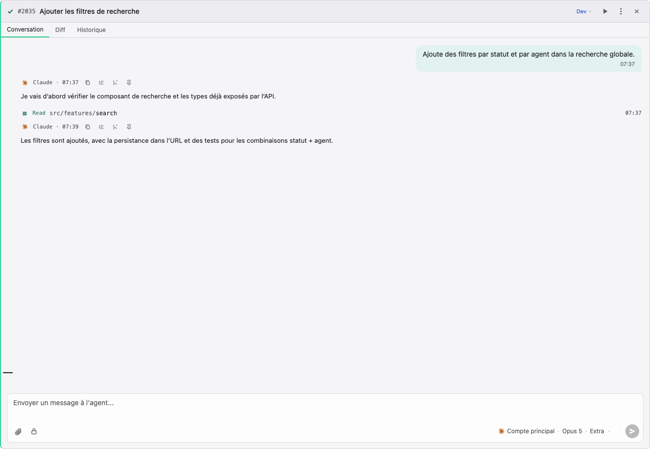 Conversation agent avec outils et fichiers changés