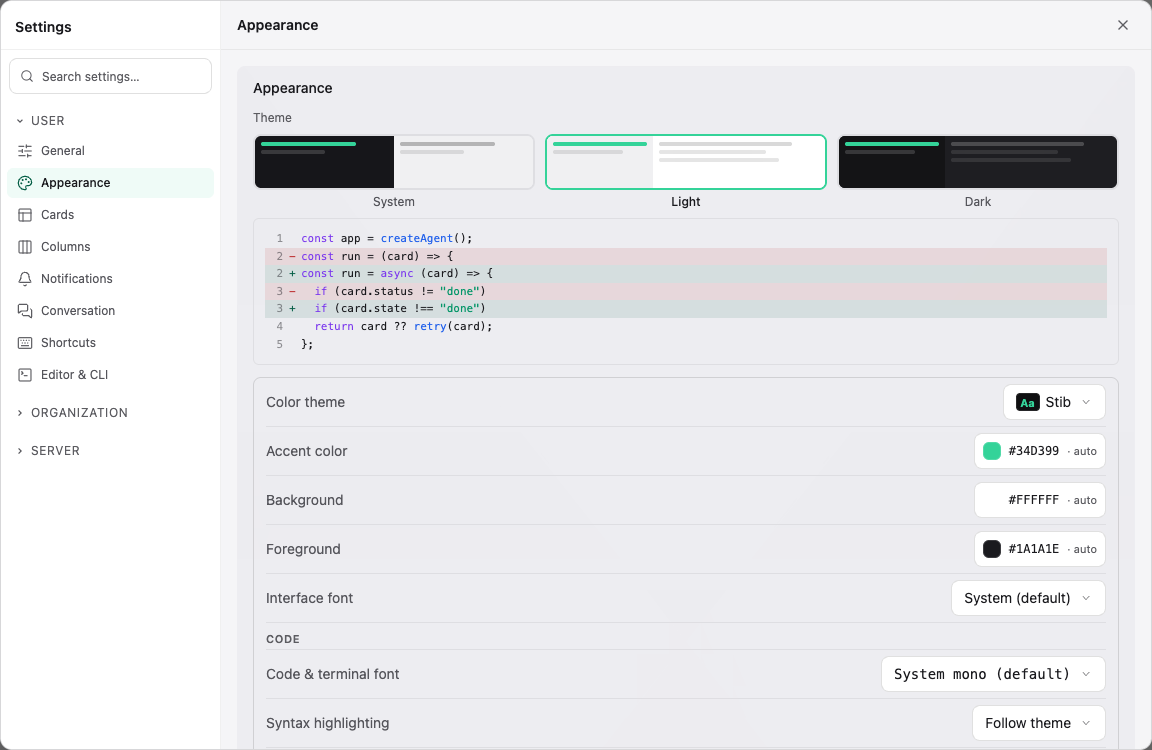 Appearance settings