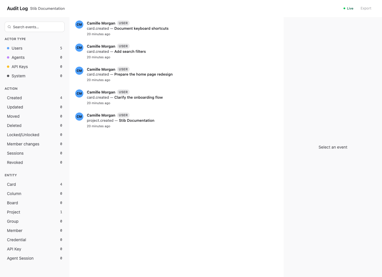 Project audit log with actor, action, and entity filters