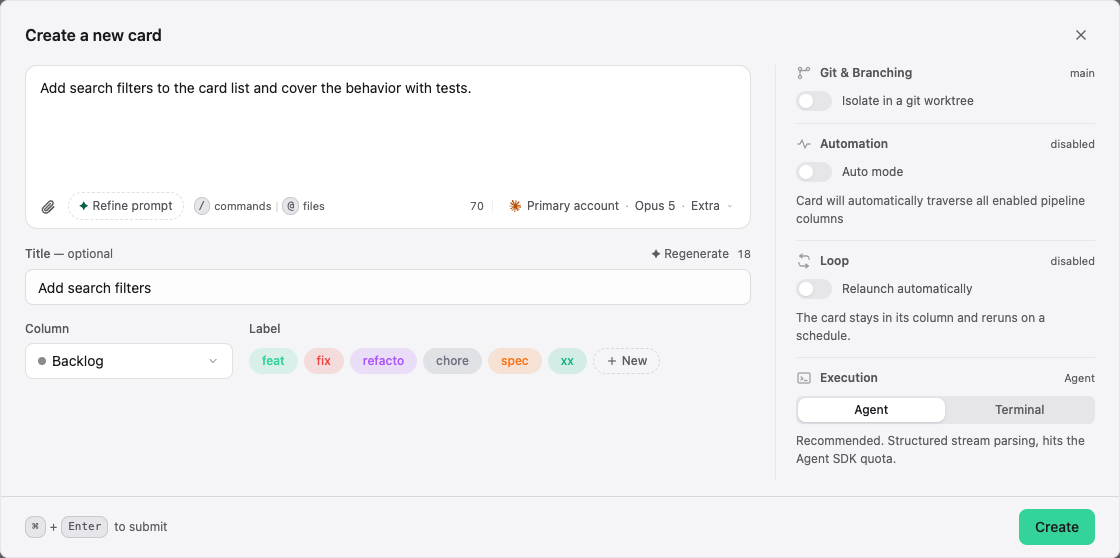 Card creation dialog