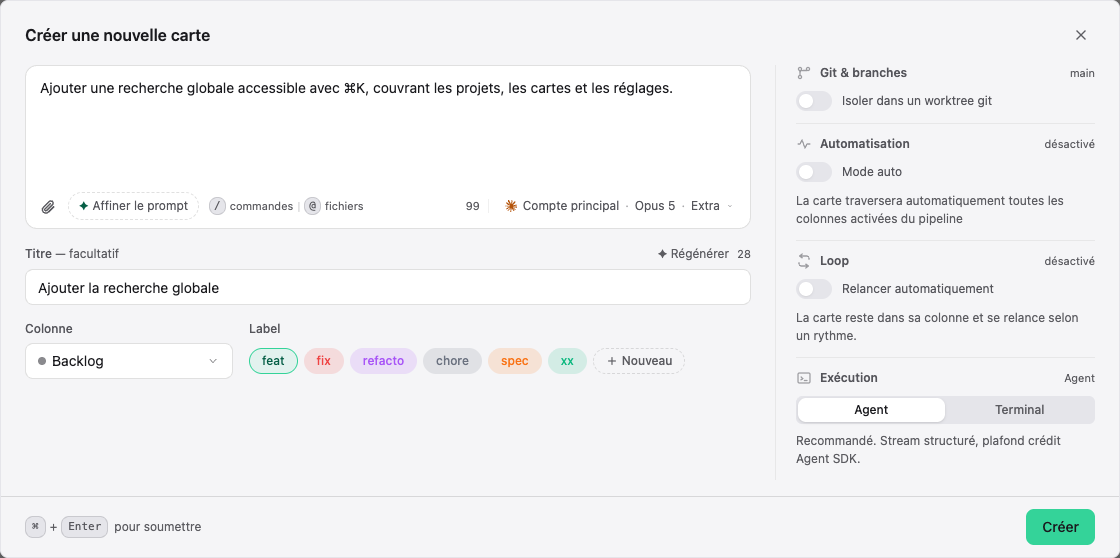 Fenêtre de création d’une carte