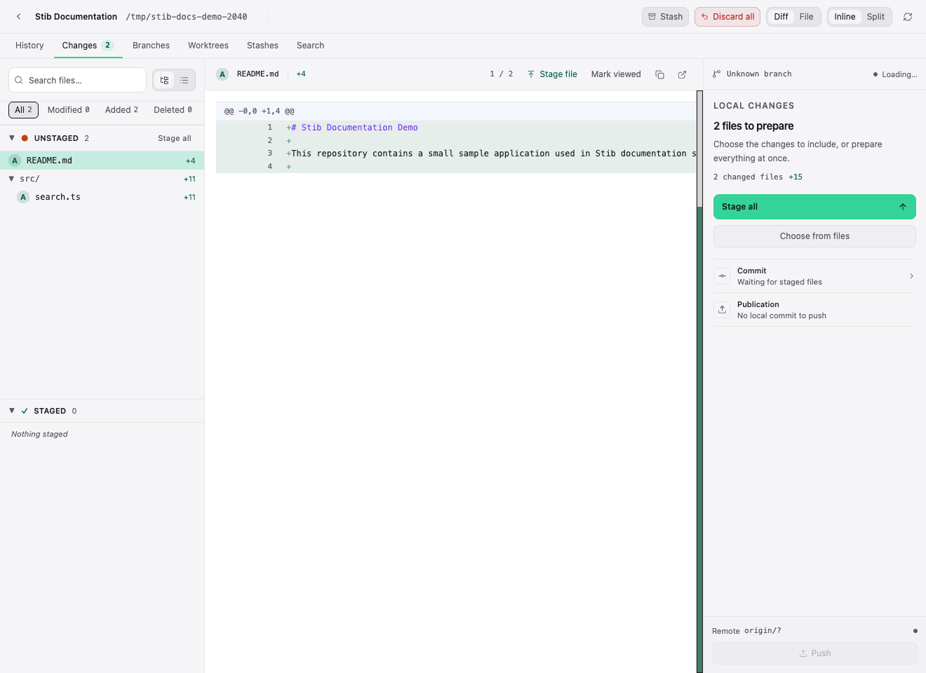 Git workspace with uncommitted files and a diff