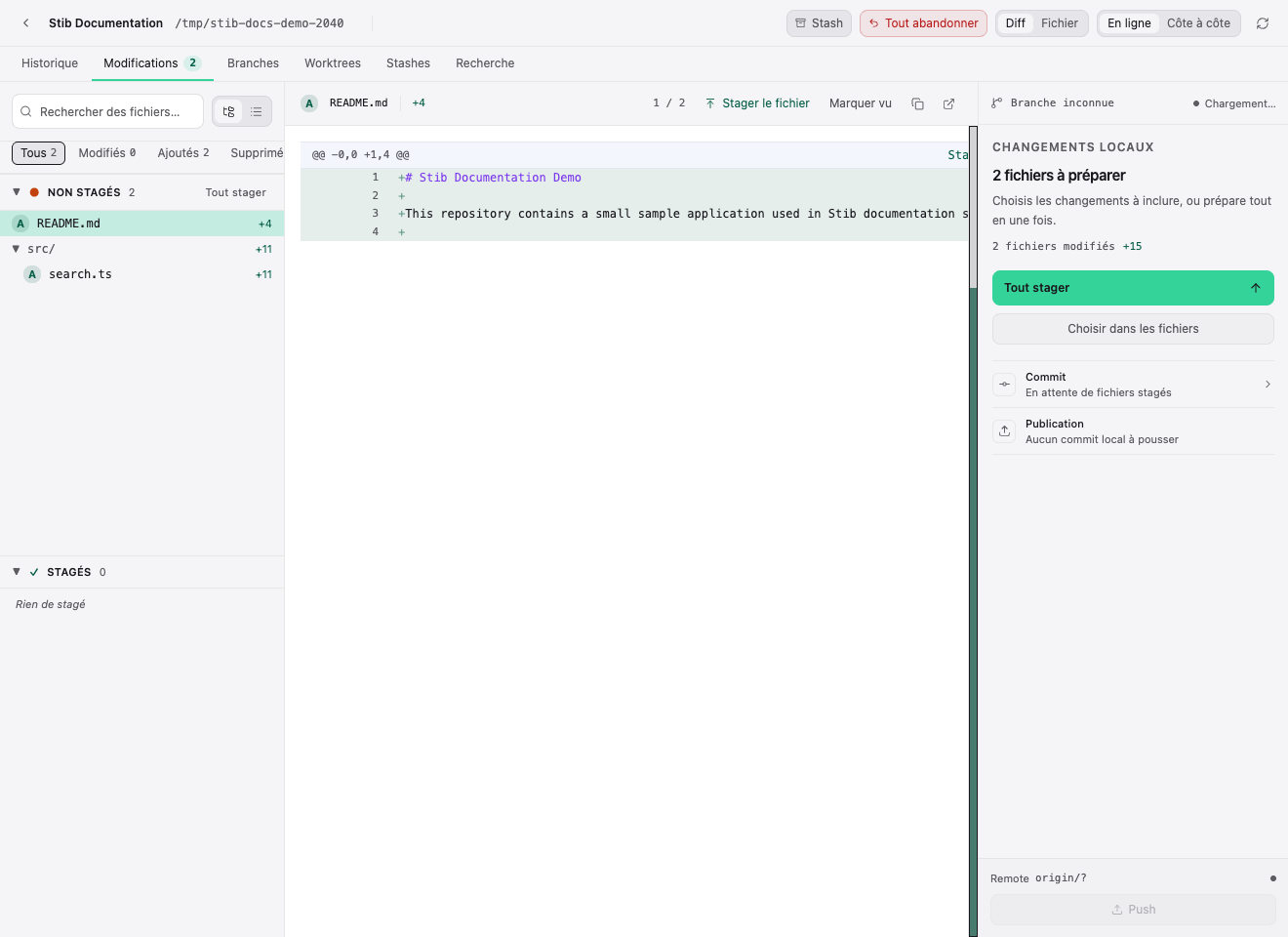 Espace Git avec fichiers non commités et diff