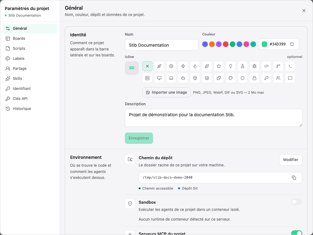 Paramètres du projet